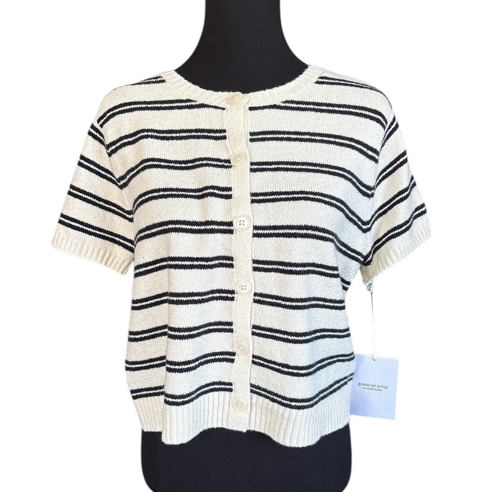 Song of Style Aimee Song Ivory & Black Striped Short Sleeve Button Up Sweater,XL